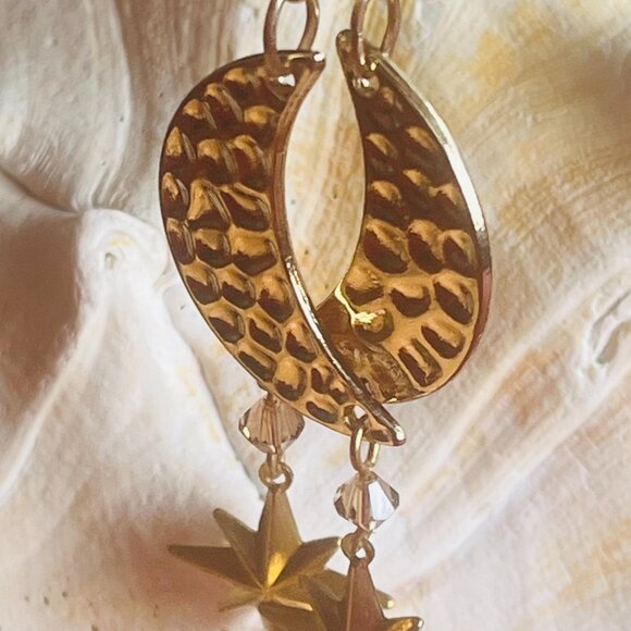 Gold Crescent Moon and Star Celestial Dangle Earrings with Swarovski Crystals - Picture 3 of 6